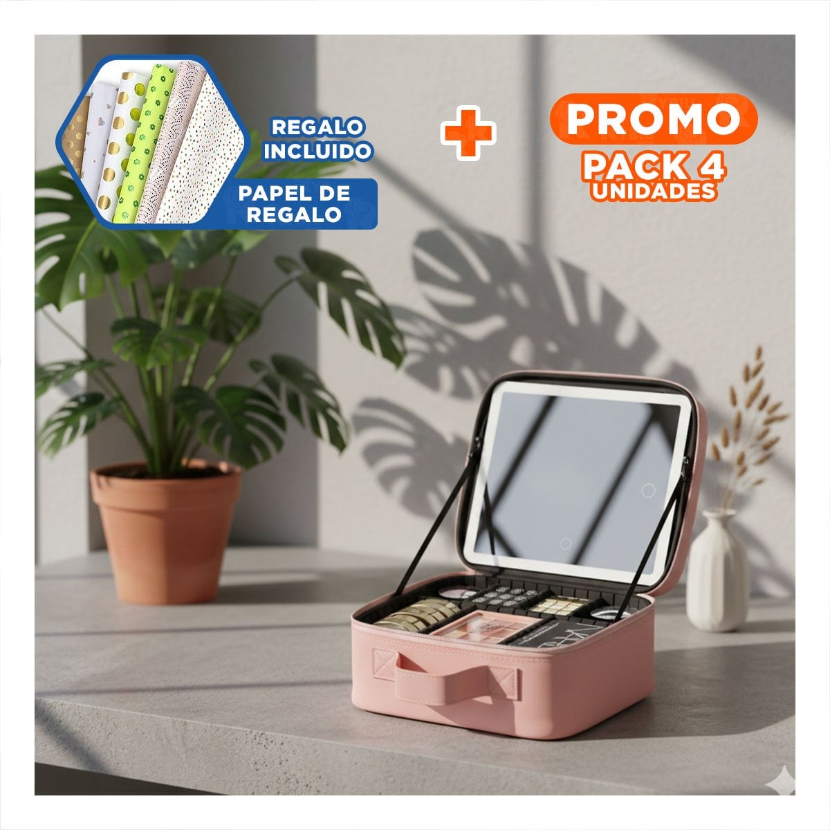 PACK4 ORGANIZADOR ELEGANTE DE MAQUILLAJE CON ESPEJO ROSADO CON DIVISIONES Y+PAPEL REGALO - 1