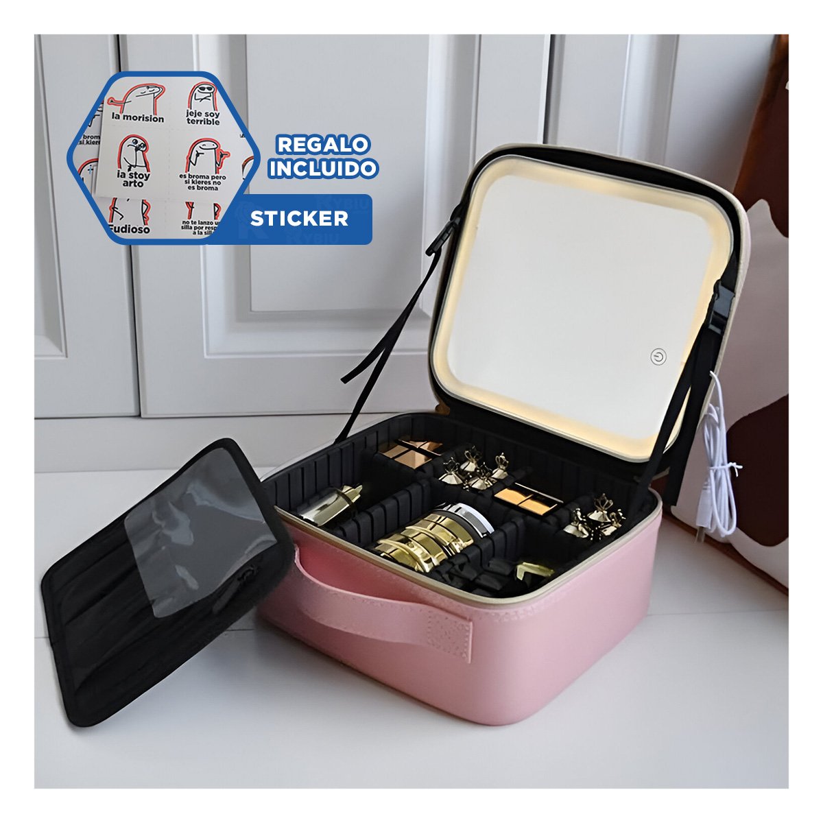 BOLSO COMPACTO DE MAQUILLAJE CON ESPEJO ROSADO PARA TOCADOR Y+REGALO STICKER - 1