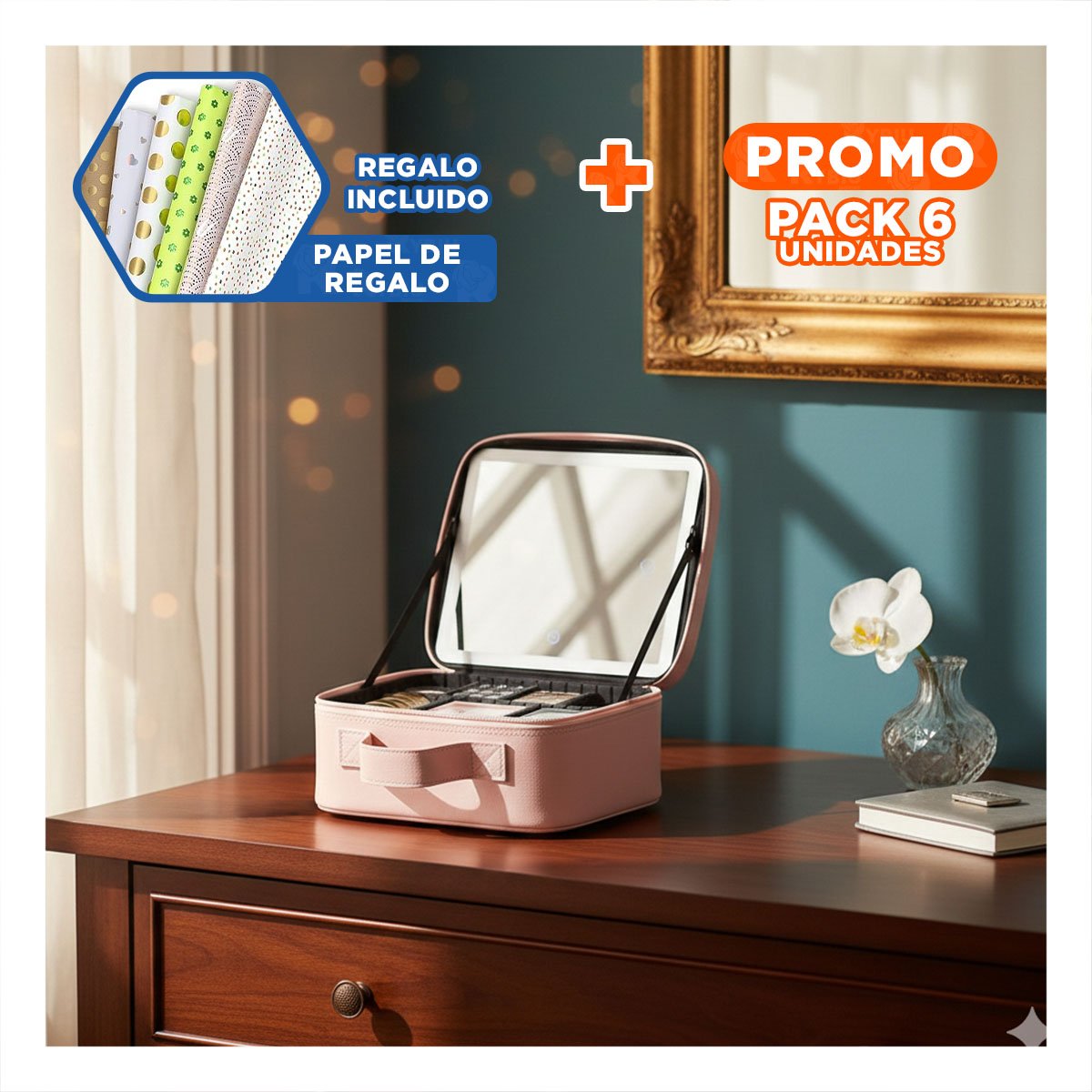 PACK6 BOLSO MODERNO DE MAQUILLAJE CON ESPEJO ROSADO CON ACABADO RESISTENTE Y+PAPEL REGALO - 1