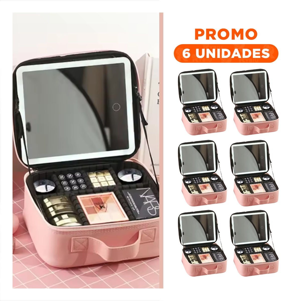 PACK6 ESTUCHE MODERNO DE MAQUILLAJE CON ESPEJO ROSADO CON COMPARTIMENTOS - 1