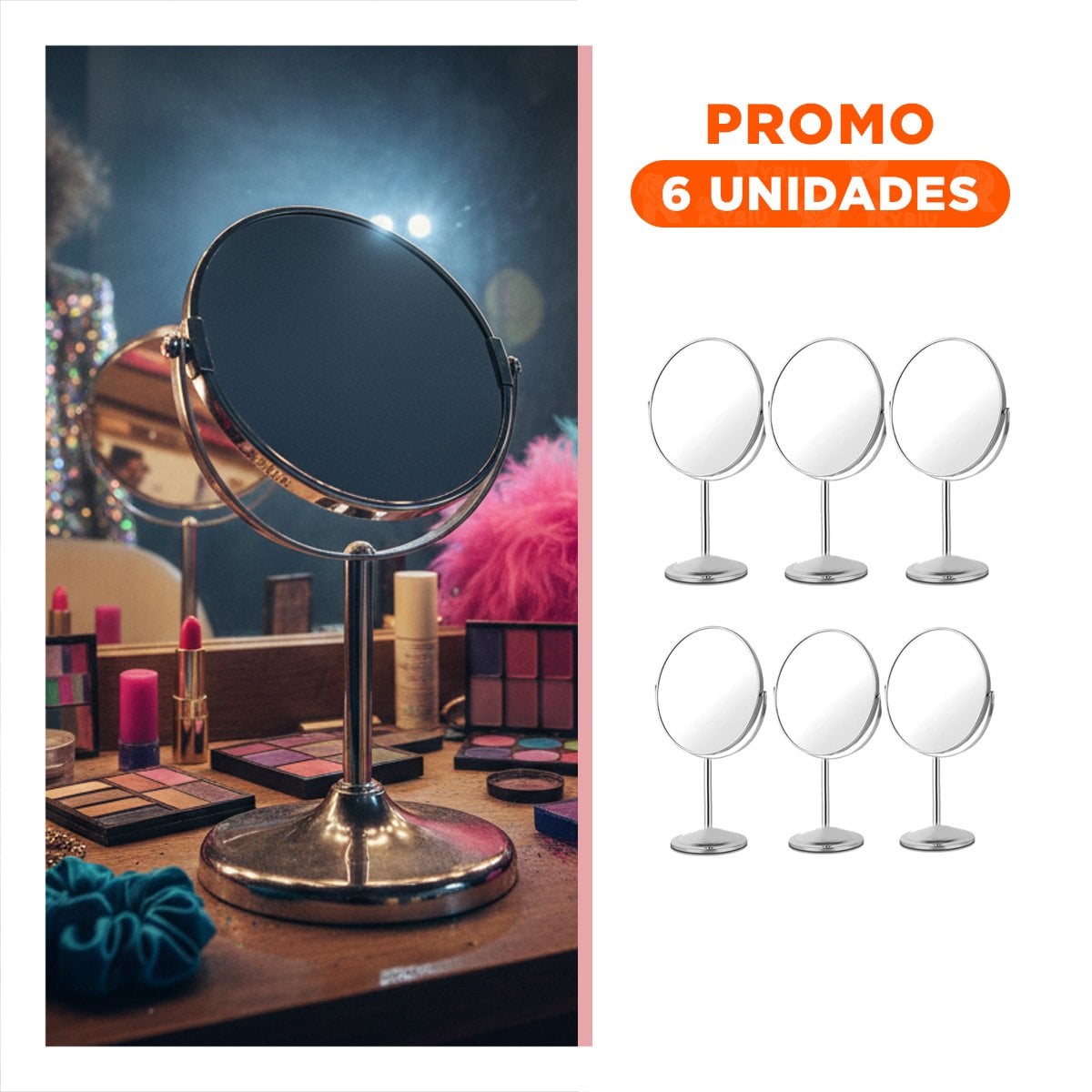 PACK6 ESPEJO MODERNO CIRCULAR DOBLE DE MESA 21,5CM PLATEADO - 1