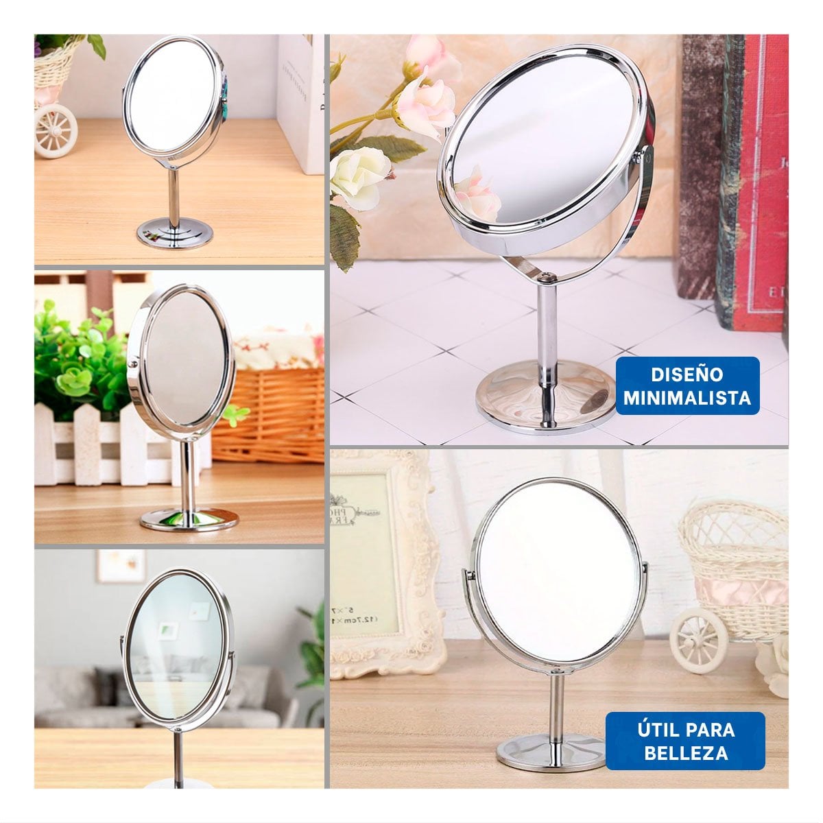 ESPEJO COMPACTO CIRCULAR DOBLE DE MESA 14,5CM PLATEADO Y+LIGAS REGALO - 5