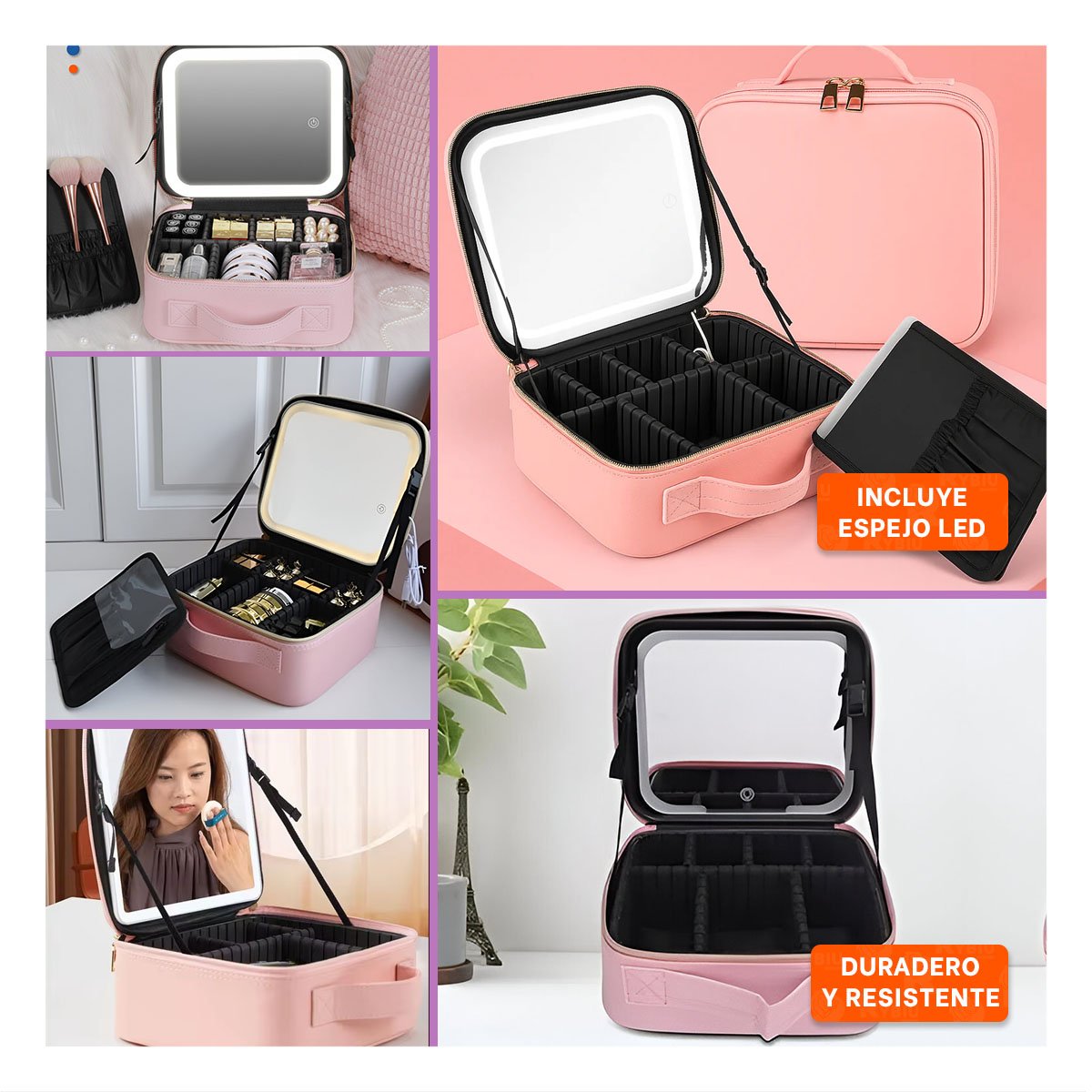 ORGANIZADOR COMPACTO DE MAQUILLAJE CON ESPEJO ROSADO CON GRAN ESPACIO Y+POST IT - 1