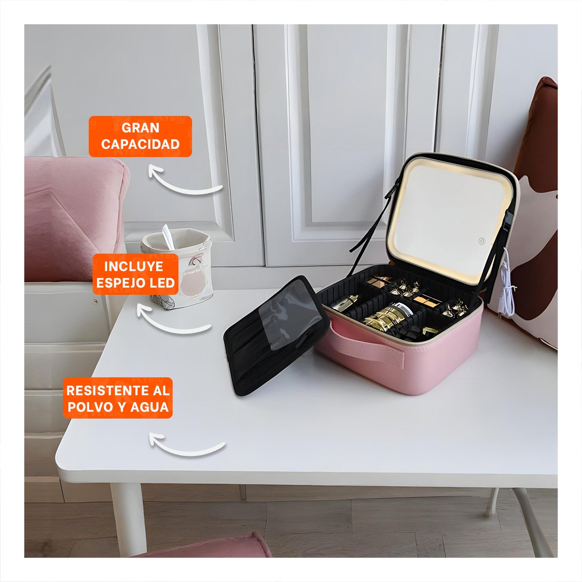 ORGANIZADOR COMPACTO DE MAQUILLAJE CON ESPEJO ROSADO CON GRAN ESPACIO Y+POST IT - 2