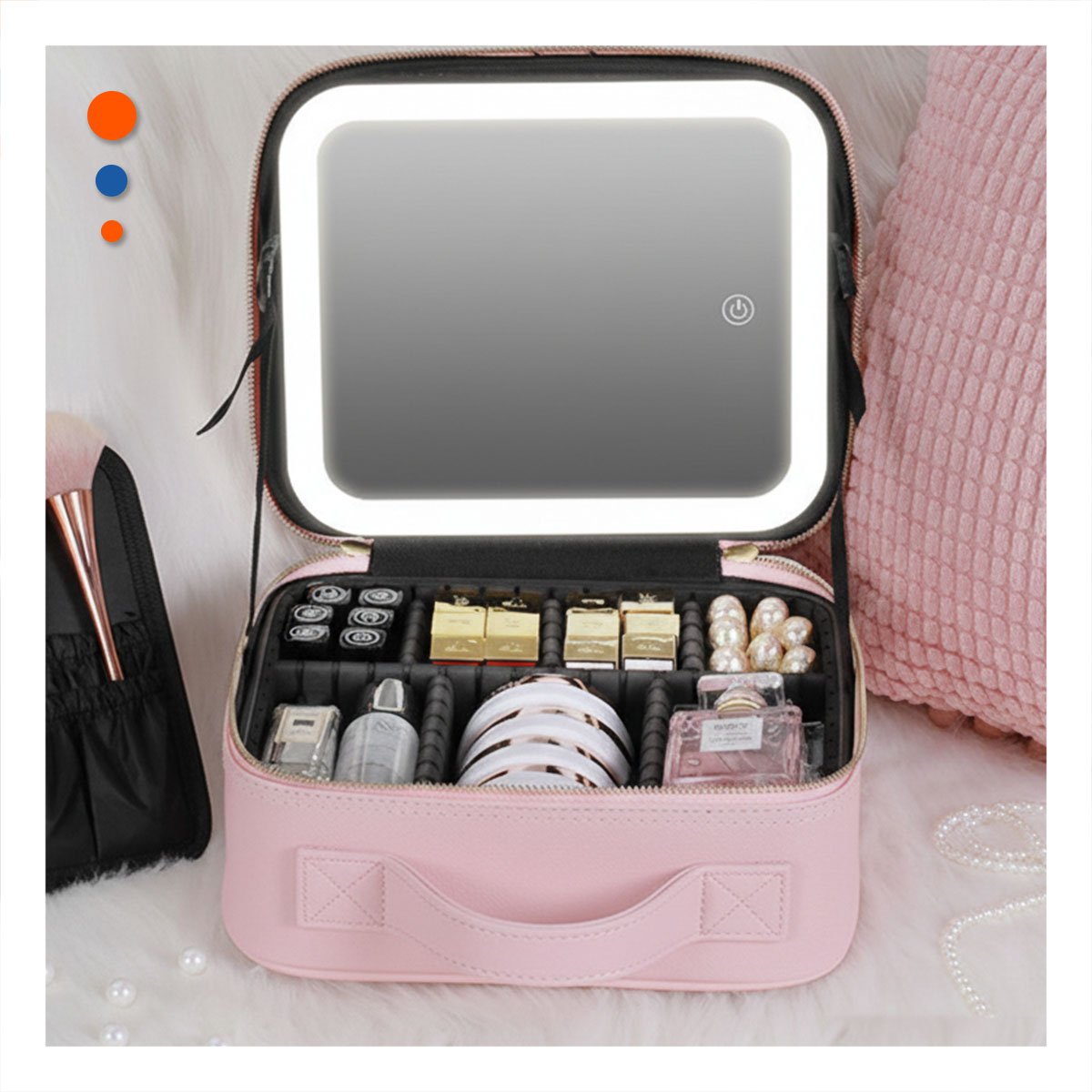ORGANIZADOR COMPACTO DE MAQUILLAJE CON ESPEJO ROSADO CON GRAN ESPACIO Y+POST IT - 3