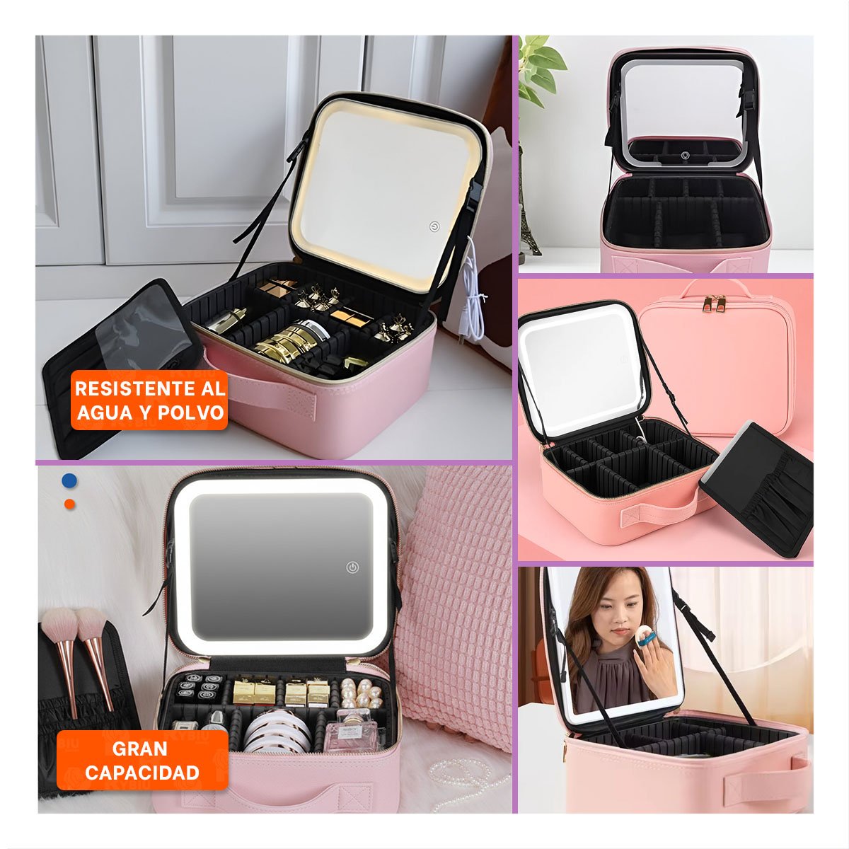 ORGANIZADOR COMPACTO DE MAQUILLAJE CON ESPEJO ROSADO CON GRAN ESPACIO Y+POST IT - 5
