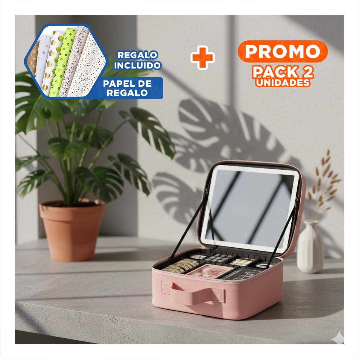 PACK2 ESTUCHE ELEGANTE DE MAQUILLAJE CON ESPEJO ROSADO CON INTERIOR AMPLIO Y+PAPEL REGALO - 1