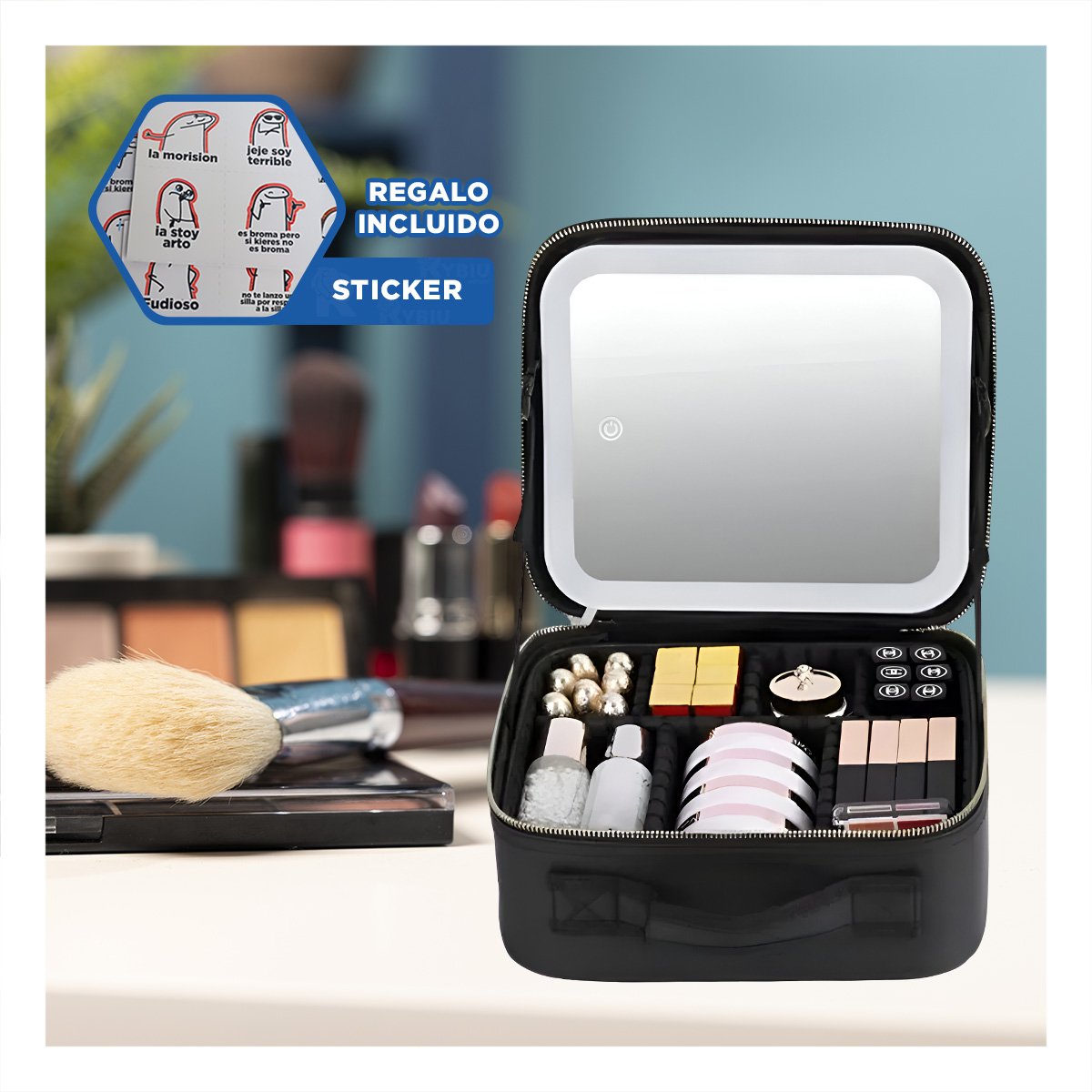 PORTACOSMETICOS PROFESIONAL DE MAQUILLAJE CON ESPEJO NEGRO Y+REGALO STICKER - 1