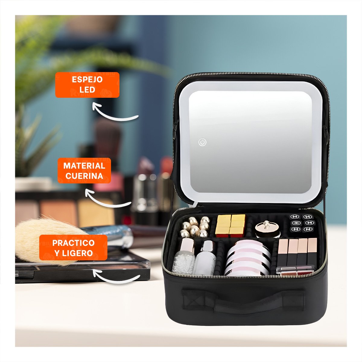 PORTACOSMETICOS PROFESIONAL DE MAQUILLAJE CON ESPEJO NEGRO Y+REGALO STICKER - 5