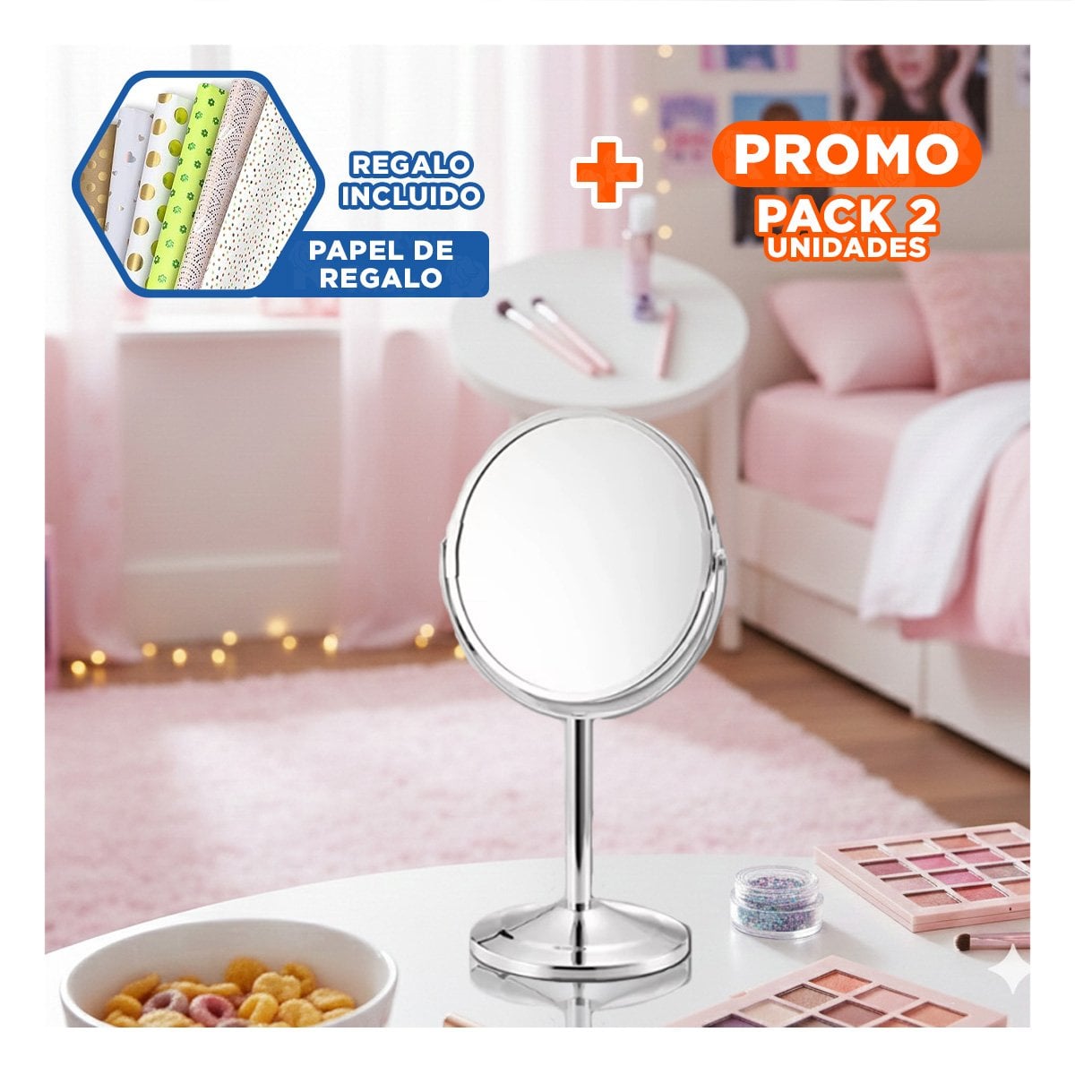 PACK2 LUNA COMPACTA CIRCULAR DOBLE DE MESA 14,5CM PLATEADO Y+PAPEL REGALO - 1