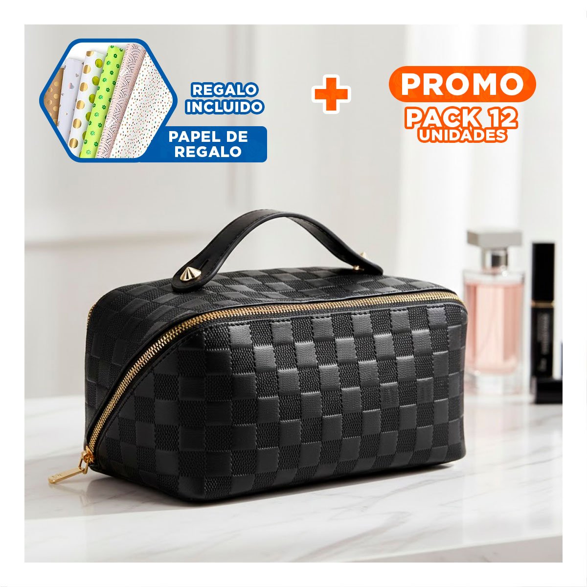 PACK12 PORTACOSMETICOS NEGRO MINIMALISTA PARA VIAJE Y USO DIARIO Y+PAPEL REGALO - 1