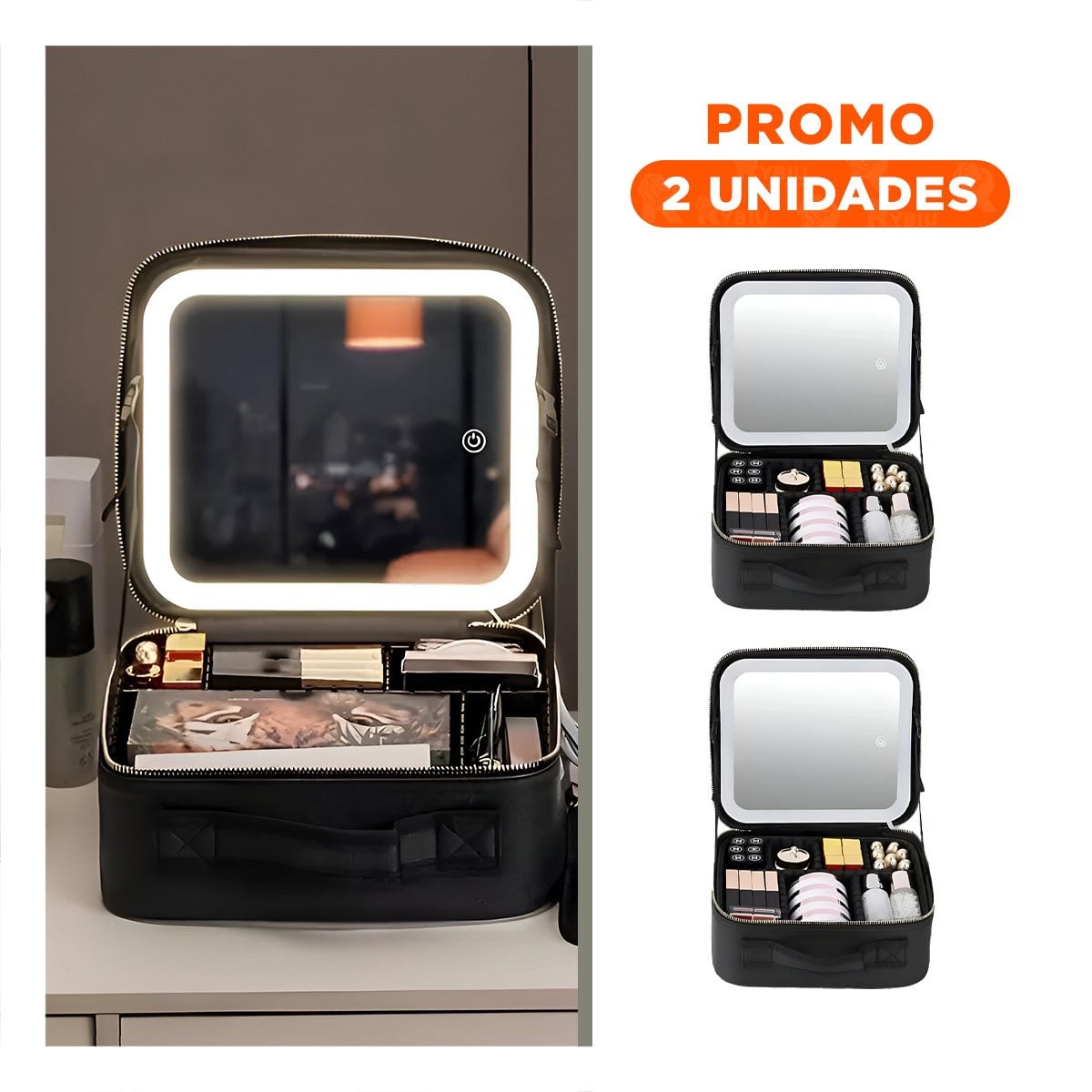 PACK2 ESTUCHE RIGIDO DE MAQUILLAJE CON ESPEJO NEGRO ACABADO ELEGANTE - 1