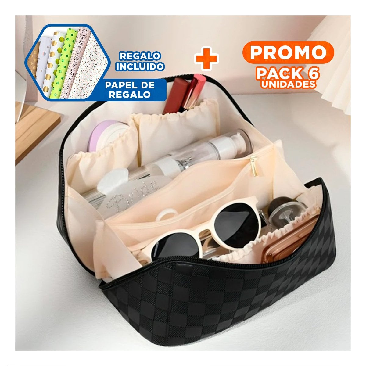 PACK6 CARTUCHERA FUNCIONAL NEGRA CON ESTAMPADO DE CUADROS Y+PAPEL REGALO - 1