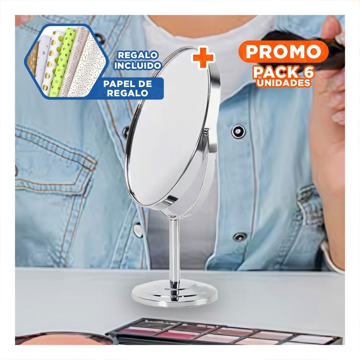 PACK6 ESPEJO DE TOCADOR OVALADO DOBLE 16CM PLATEADO CON GIRO Y+PAPEL REGALO - 1