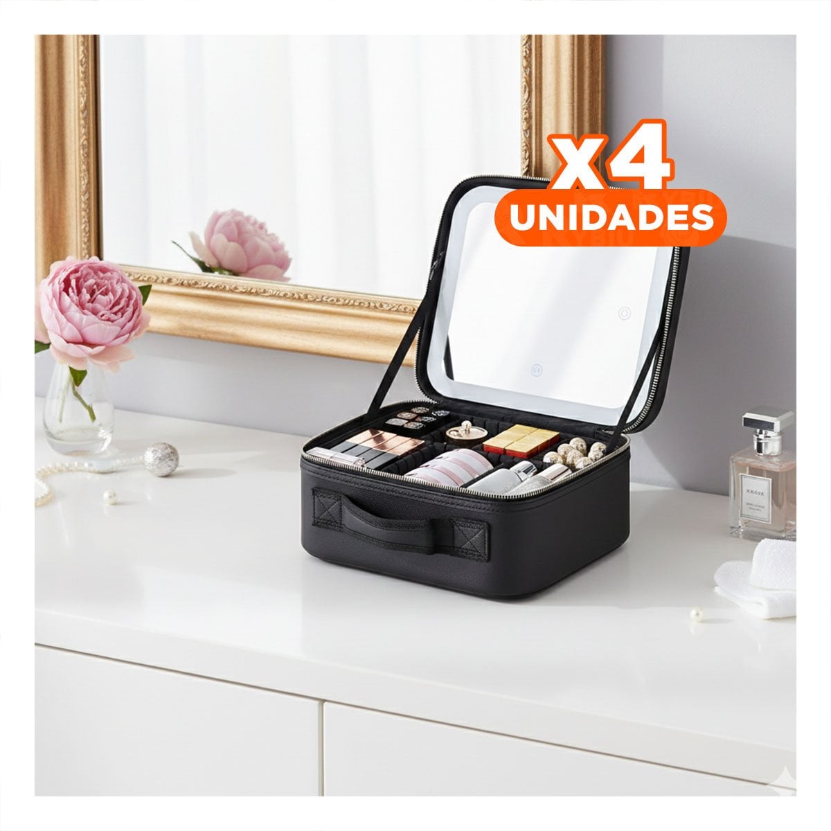 PACK4 PORTACOSMETICOS RIGIDO DE MAQUILLAJE CON ESPEJO NEGRO AMPLIO - 1