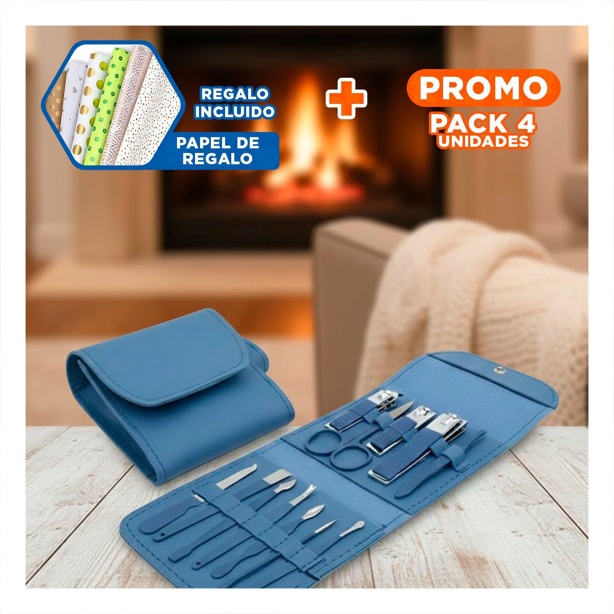 PACK4 ACCESORIOS PROFESIONALES 12 PIEZAS MANICURE Y PEDICURE CELESTE COMPLETO Y+PAPEL REGALO - 1