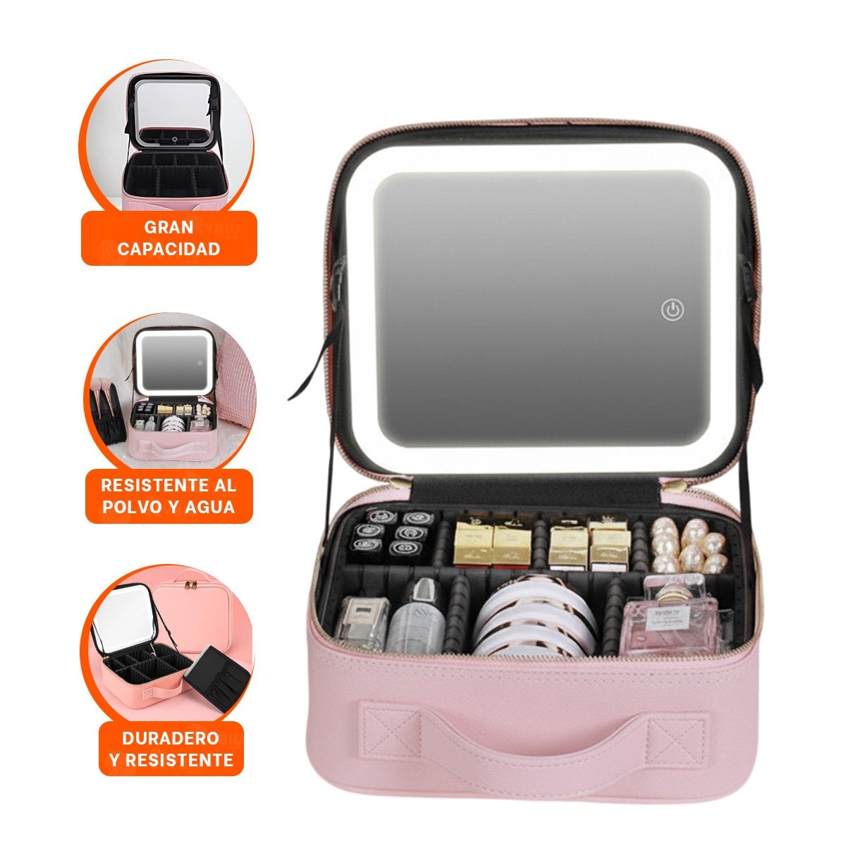 MALETIN COMPACTO DE MAQUILLAJE CON ESPEJO ROSADO CON INTERIOR ORGANIZADO - 3
