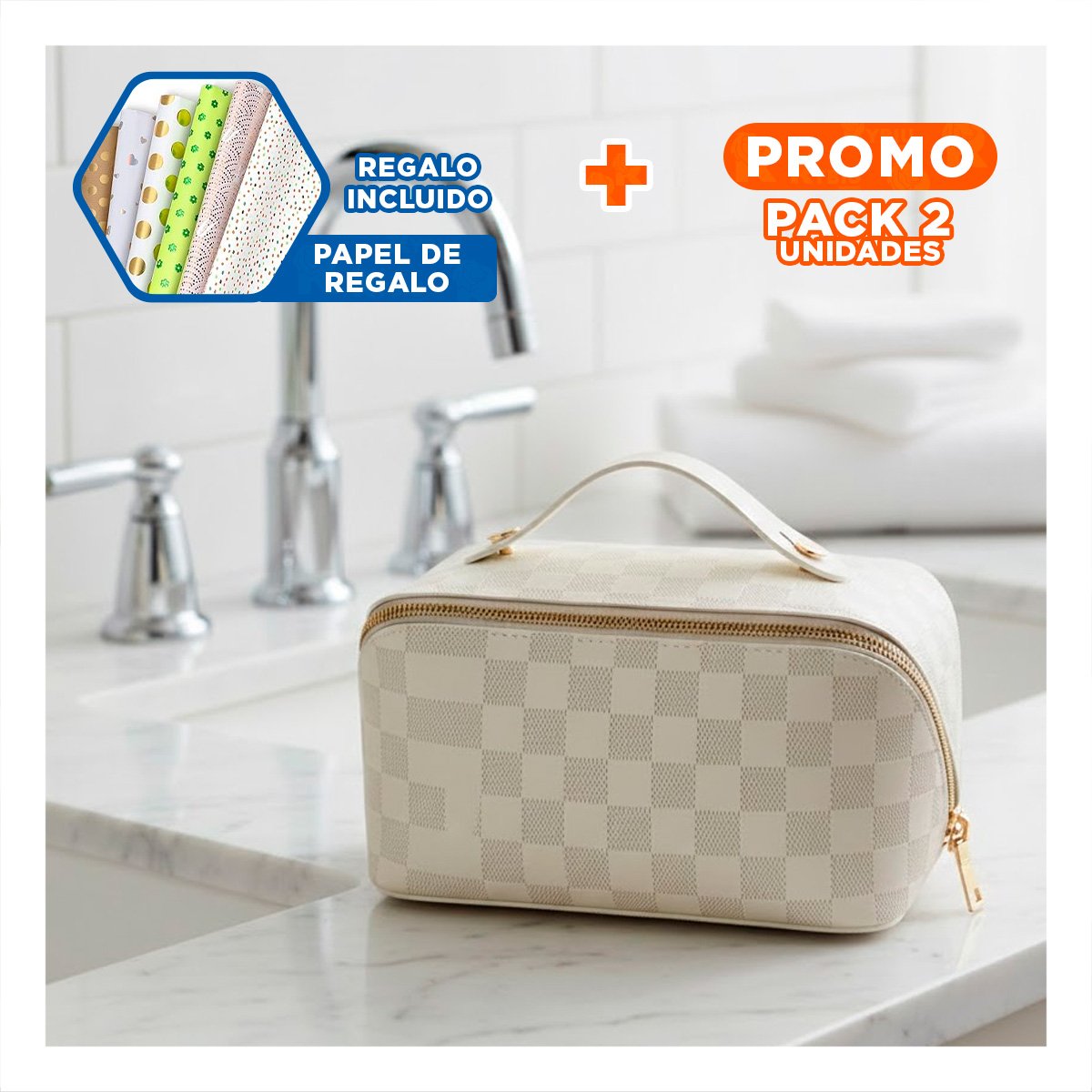 PACK2 CARTUCHERA PORTATIL BLANCA PARA COSMETICOS CON ESTILO MODERNO Y+PAPEL REGALO - 1
