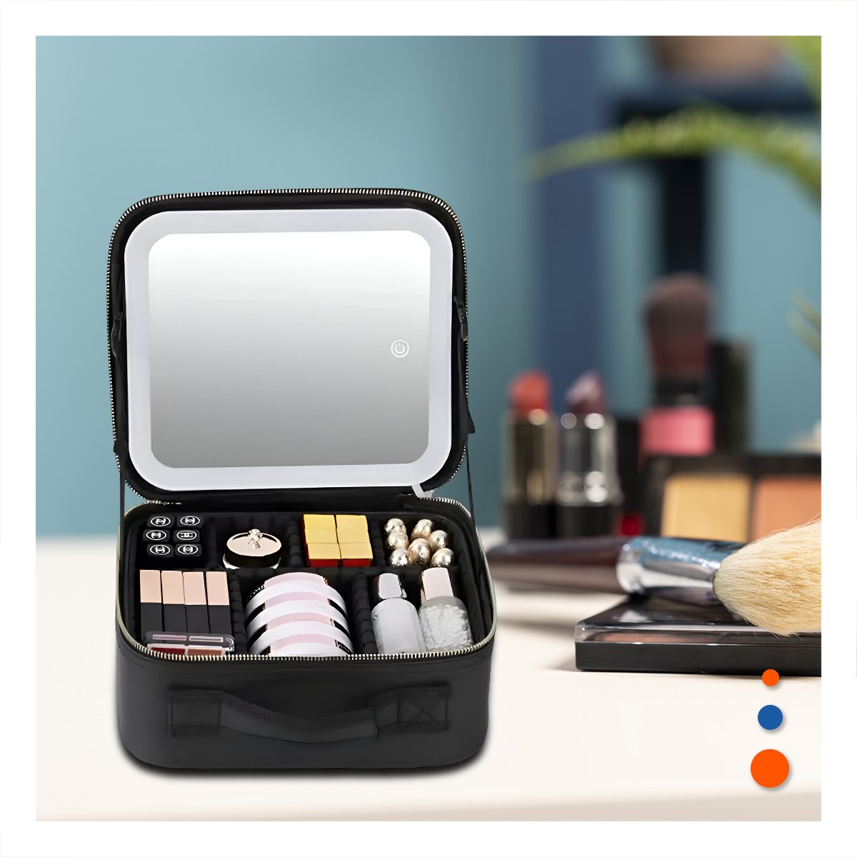 ORGANIZADOR PROFESIONAL DE MAQUILLAJE CON ESPEJO NEGRO ELEGANTE Y+LIGAS REGALO - 1