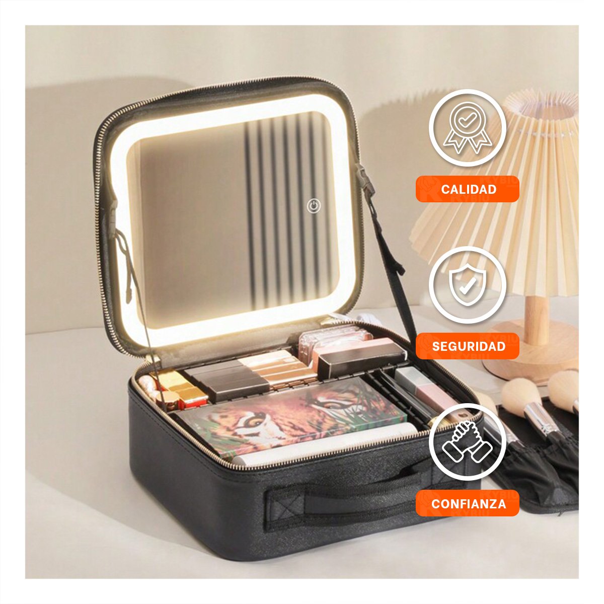 ORGANIZADOR PROFESIONAL DE MAQUILLAJE CON ESPEJO NEGRO ELEGANTE Y+LIGAS REGALO - 2