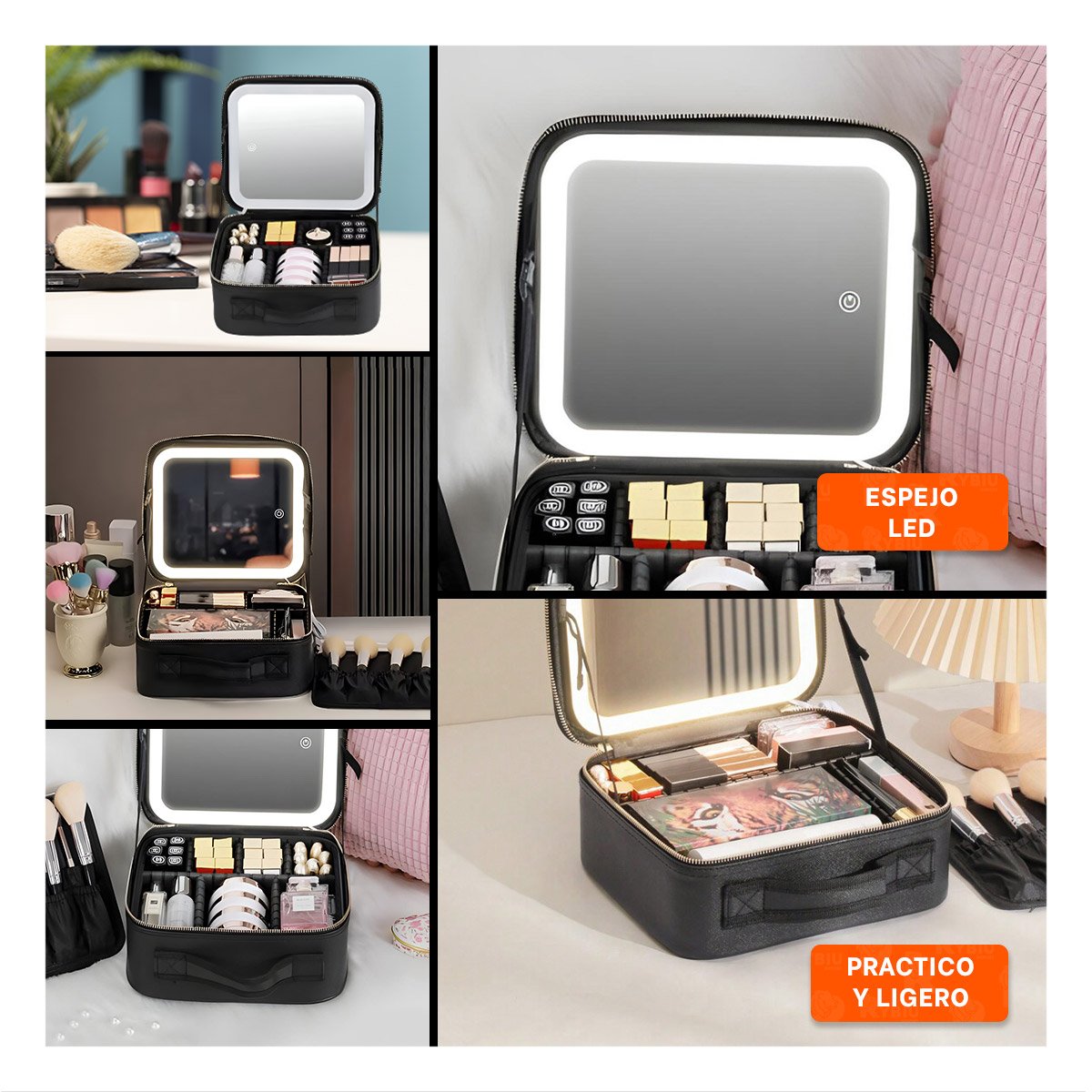 ORGANIZADOR PROFESIONAL DE MAQUILLAJE CON ESPEJO NEGRO ELEGANTE Y+LIGAS REGALO - 5