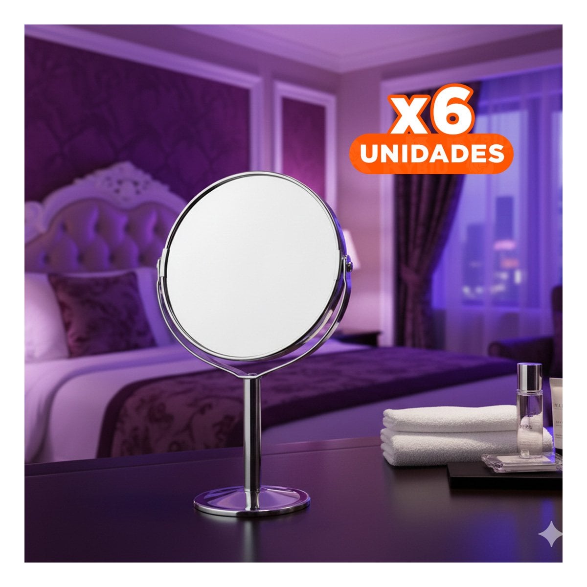 PACK6 ESPEJO MODERNO CIRCULAR DOBLE DE MESA 14,5CM PLATEADO Y+REGALO STICKER - 1