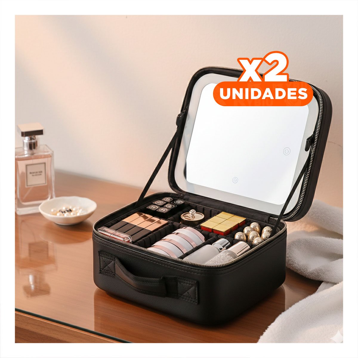 PACK2 MALETA RIGIDA DE MAQUILLAJE CON ESPEJO NEGRO DISEÑO MODERNO Y+REGALO STICKER - 1