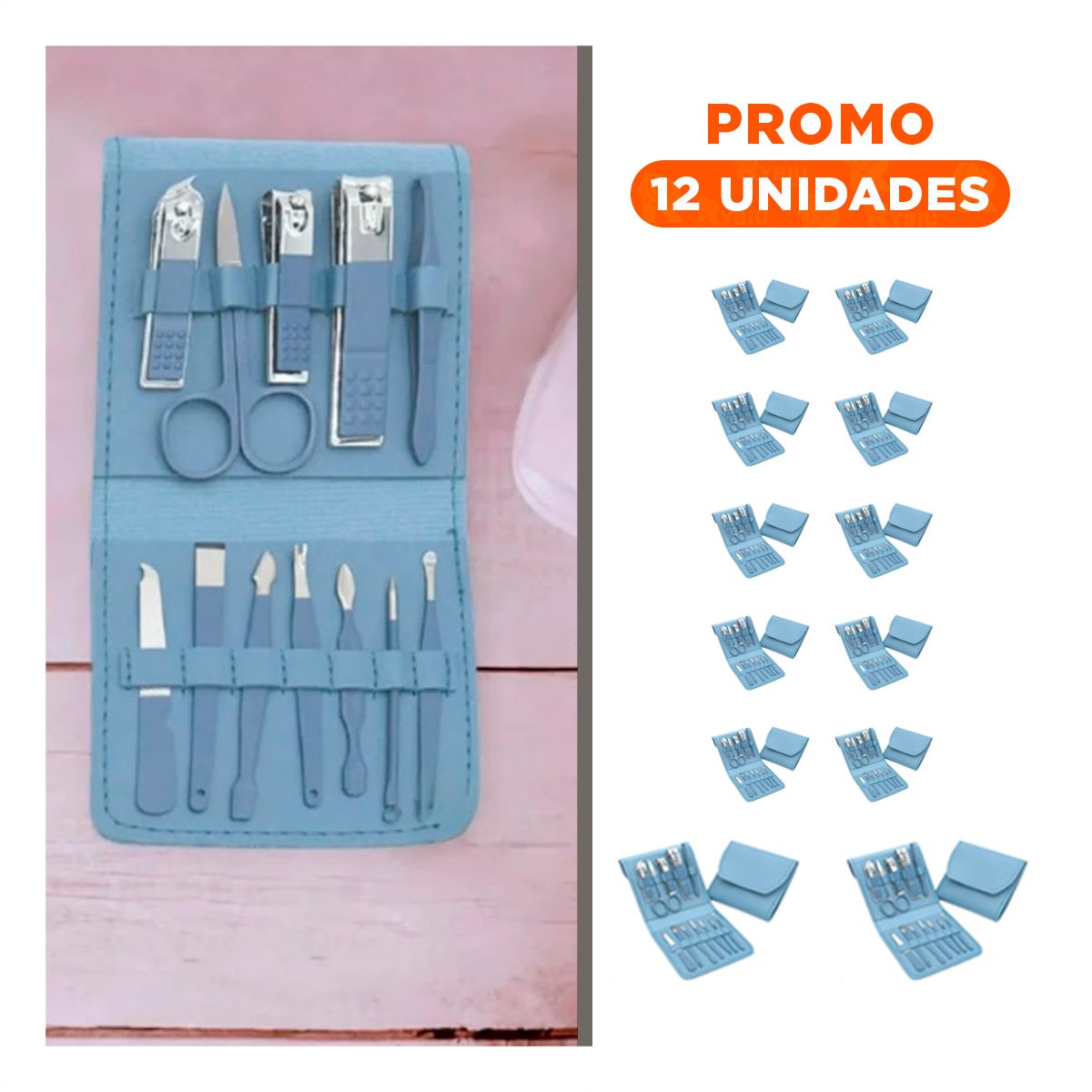 PACK12 HERRAMIENTAS DE BELLEZA 12 PIEZAS MANICURE Y PEDICURE CELESTE Y+REGALO STICKER - 1