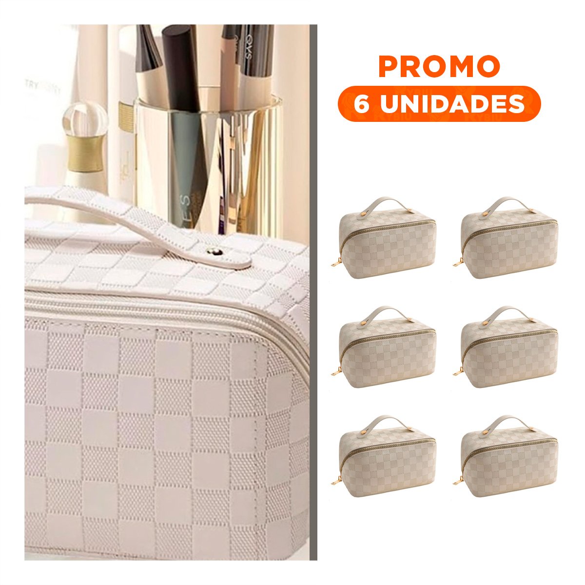PACK6 PORTACOSMETICOS COMPACTO BLANCO CON DISENO DE CUADROS MODERNO - 1