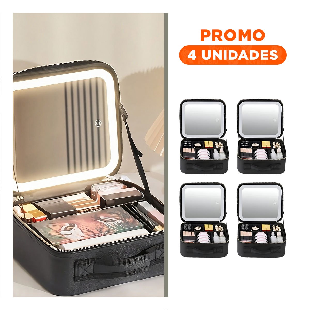 PACK4 MALETIN PORTATIL DE MAQUILLAJE CON ESPEJO NEGRO PRACTICO Y+REGALO STICKER - 1