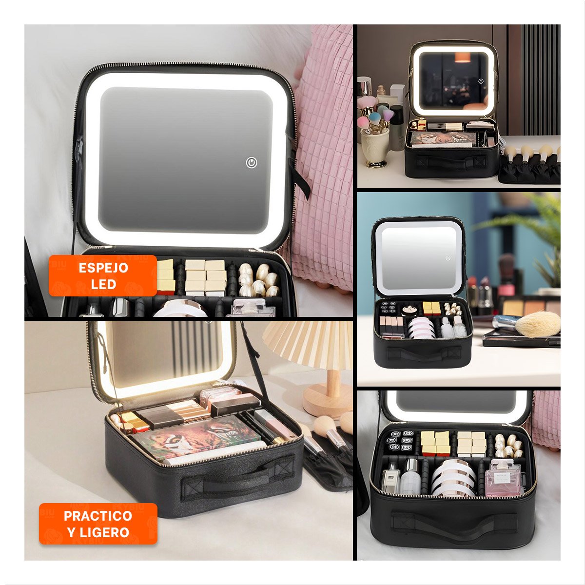 PACK4 MALETIN PORTATIL DE MAQUILLAJE CON ESPEJO NEGRO PRACTICO Y+REGALO STICKER - 2