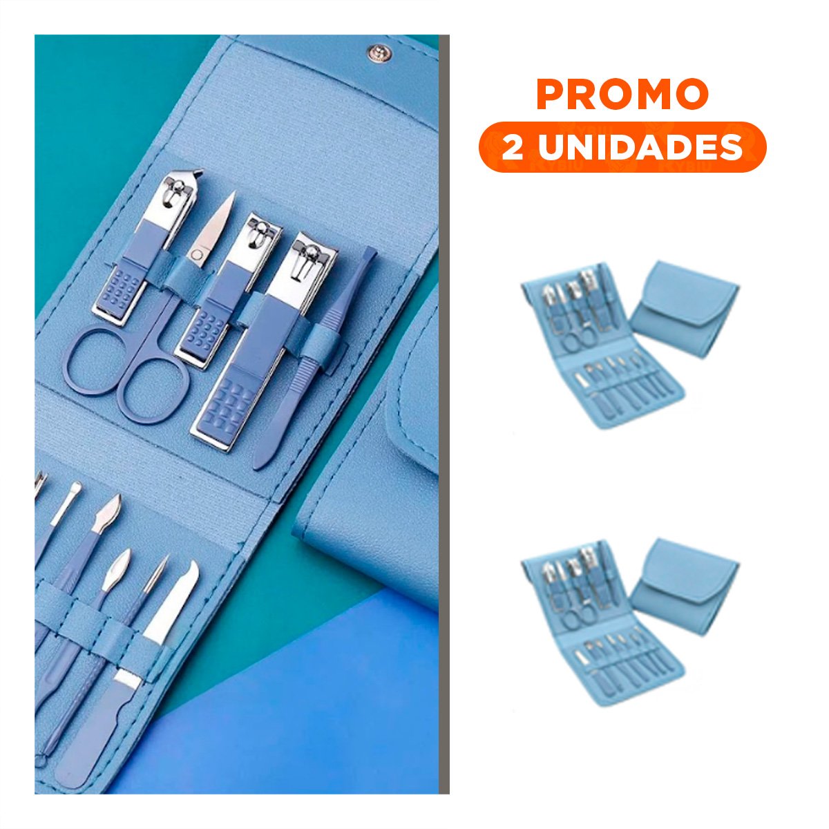 PACK2 ESTUCHE PROFESIONAL 12 PIEZAS MANICURE Y PEDICURE CELESTE CON HERRAMIENTAS - 1