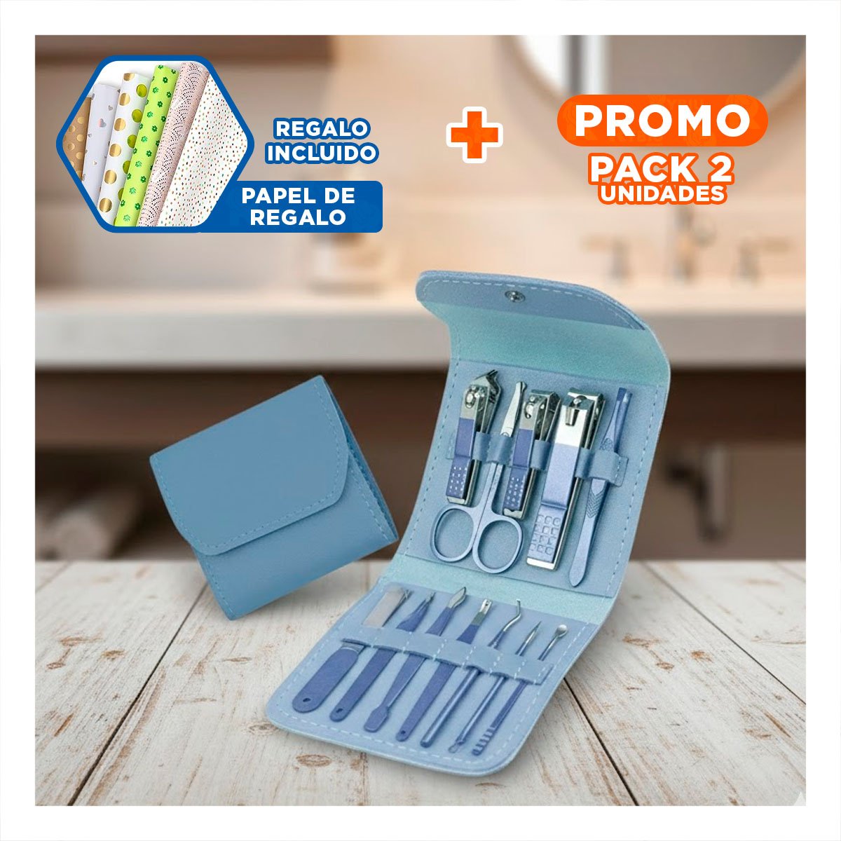 PACK2 ESTUCHE CUIDADO PERSONAL 12 PIEZAS MANICURE Y PEDICURE CELESTE COMPLETO Y+PAPEL REGALO - 1