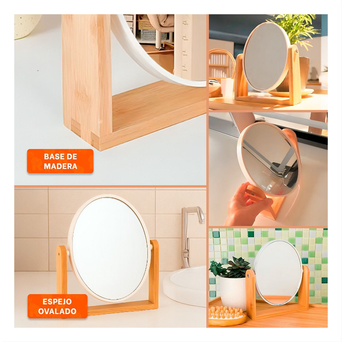 ESPEJO OVALADO DOBLE FUNCIONAL 15CM CON BASE MADERA Y+POST IT - 5