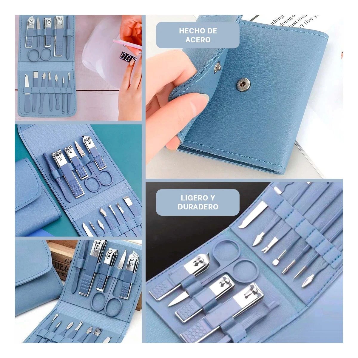 PACK4 ACCESORIOS CUIDADO UÑAS 12 PIEZAS MANICURE Y PEDICURE CELESTE CON PINZAS Y+REGALO STICKER - 2