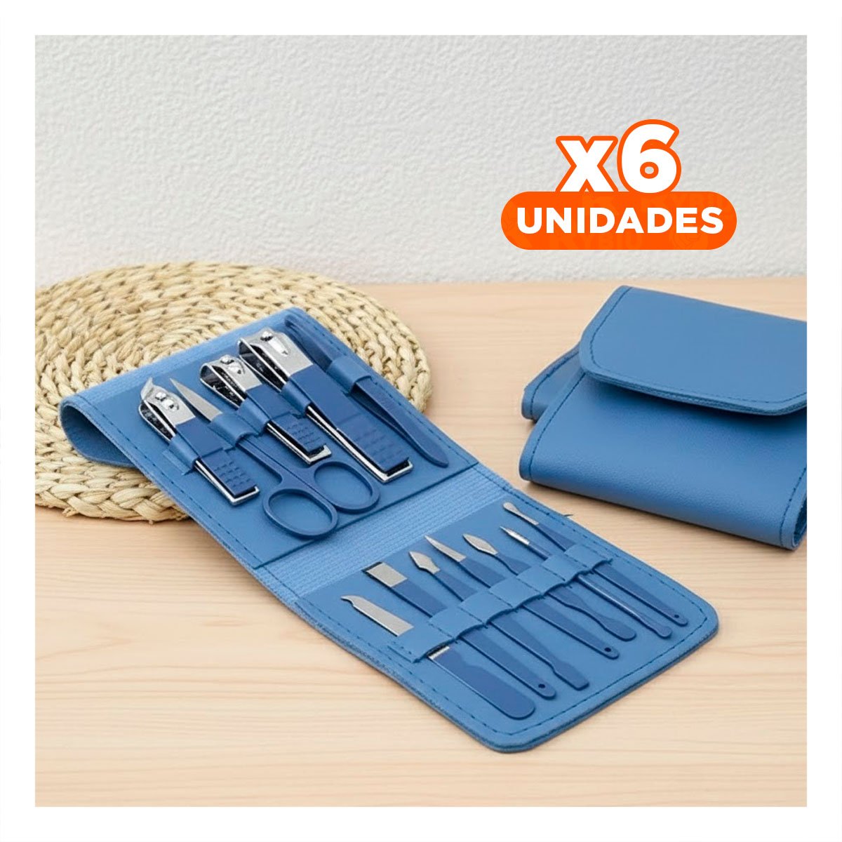 PACK6 HERRAMIENTAS MANICURE Y PEDICURE 12 PIEZAS CELESTE CON CORTAUÑAS Y+REGALO STICKER - 1