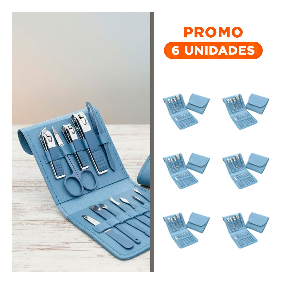 PACK6 ACCESORIOS DE BELLEZA 12 PIEZAS MANICURE Y PEDICURE CELESTE CON HERRAMIENTAS - 1