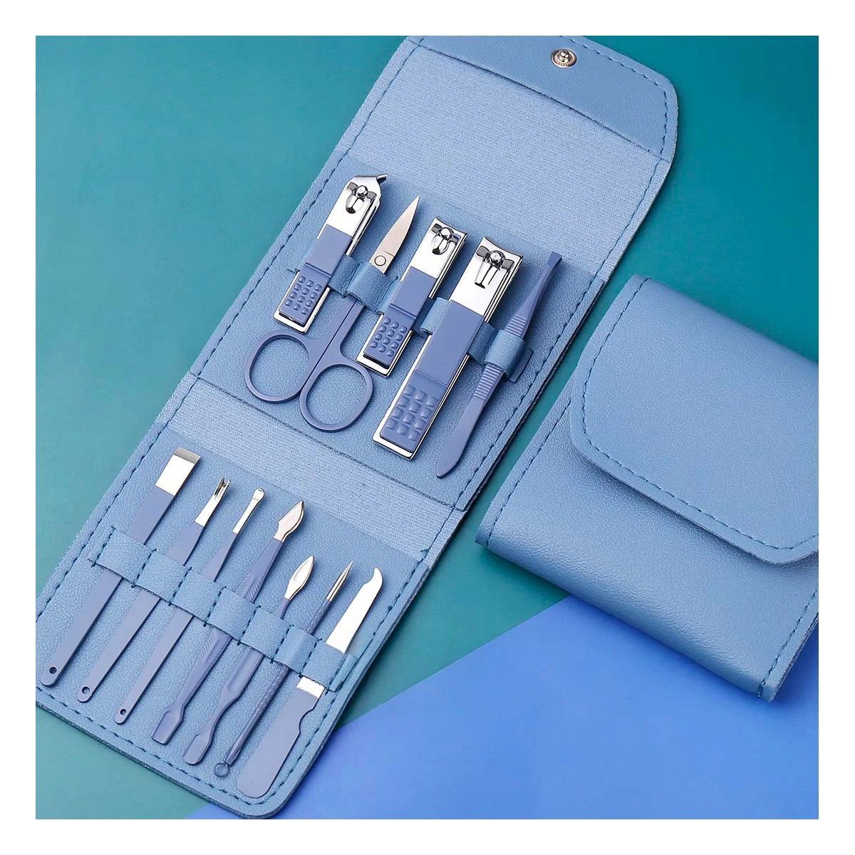 PACK6 ACCESORIOS DE BELLEZA 12 PIEZAS MANICURE Y PEDICURE CELESTE CON HERRAMIENTAS - 3