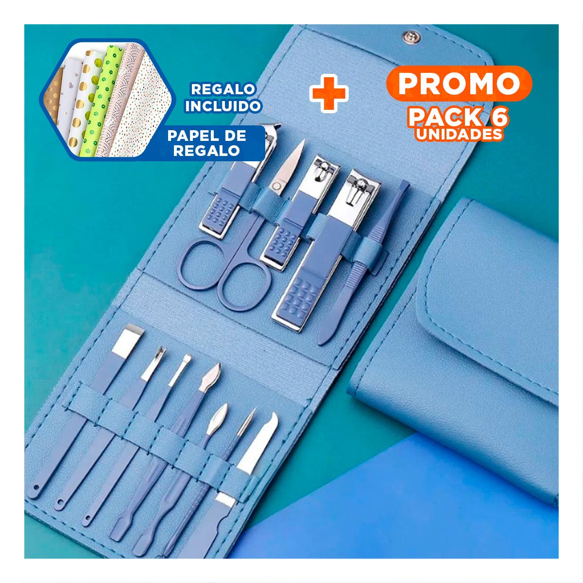 PACK6 ACCESORIOS COMPLETOS 12 PIEZAS MANICURE Y PEDICURE CELESTE PARA CASA Y+PAPEL REGALO - 1