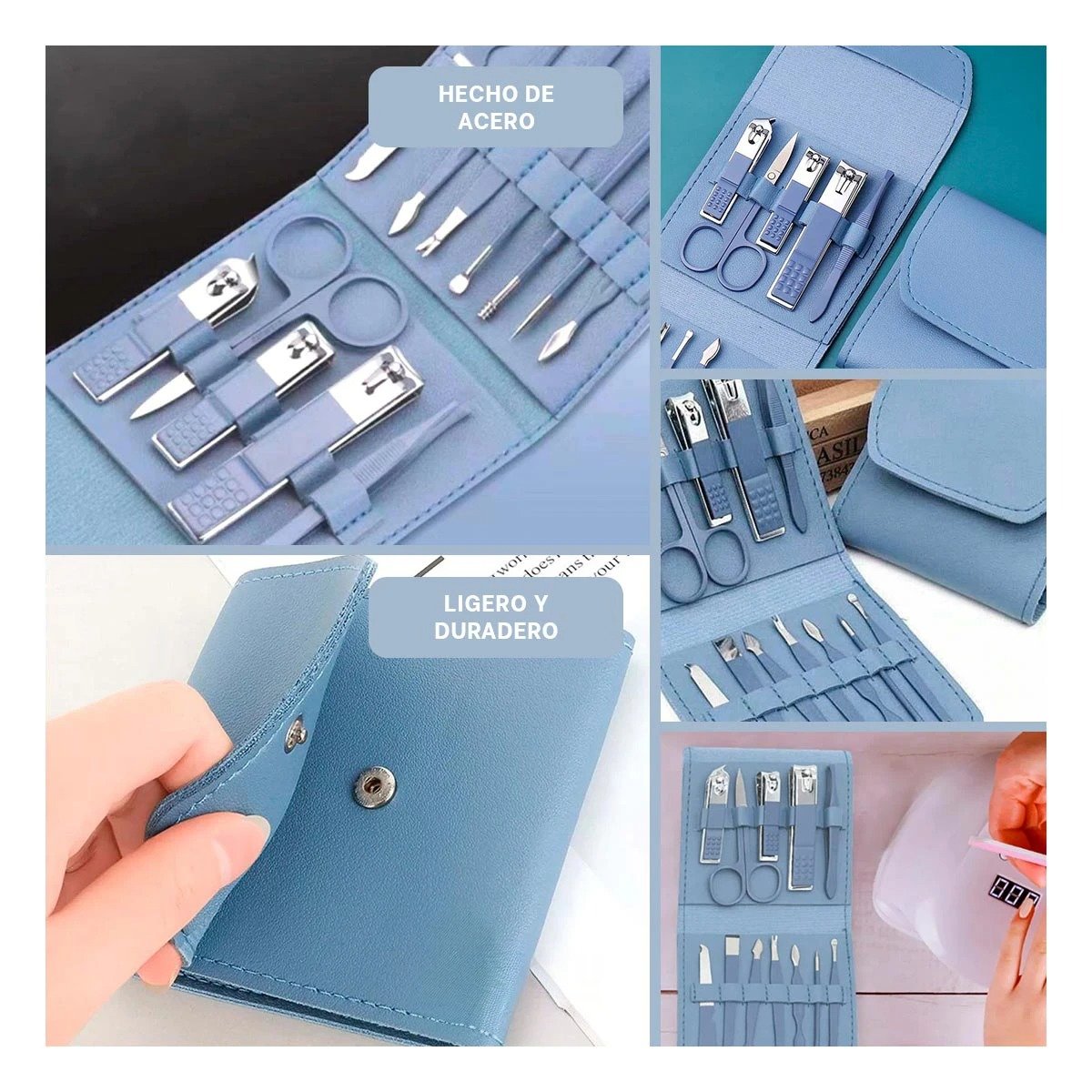 PACK6 ACCESORIOS COMPLETOS 12 PIEZAS MANICURE Y PEDICURE CELESTE PARA CASA Y+PAPEL REGALO - 3