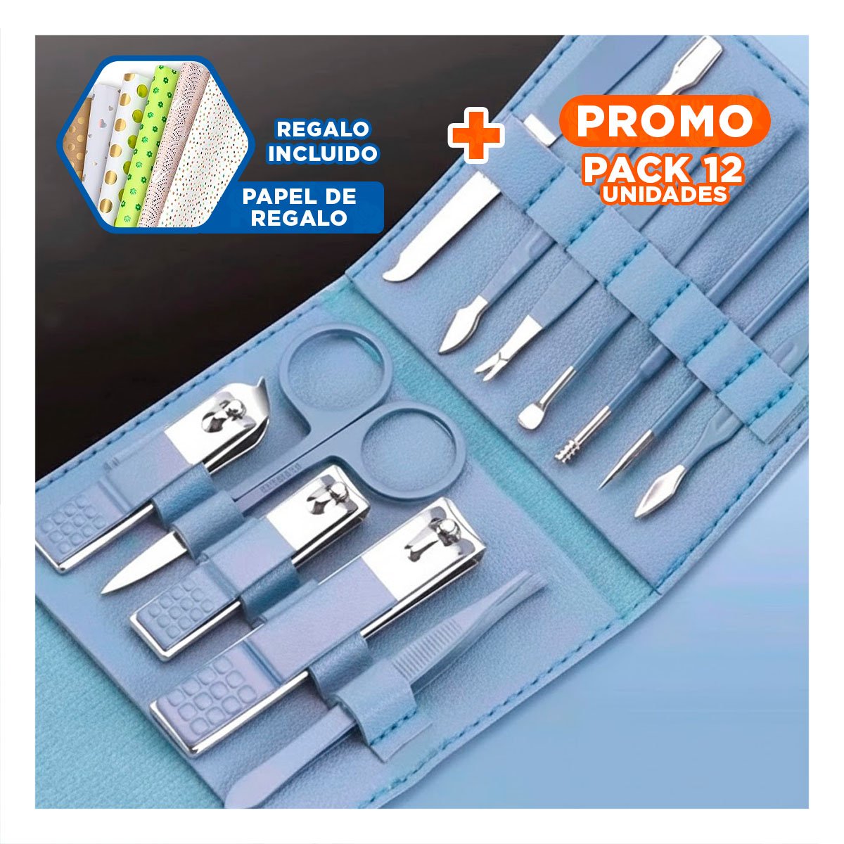 PACK12 HERRAMIENTAS CUIDADO PERSONAL 12 PIEZAS MANICURE Y PEDICURE CELESTE Y+PAPEL REGALO - 1