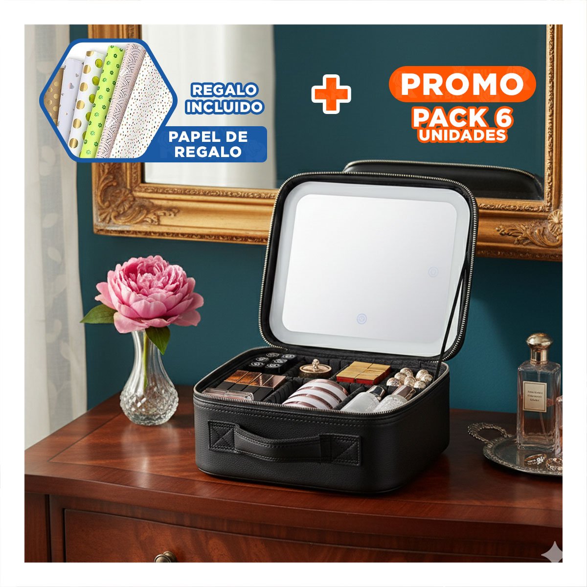 PACK6 BOLSO PORTATIL DE MAQUILLAJE CON ESPEJO NEGRO COMPACTO Y+PAPEL REGALO - 1