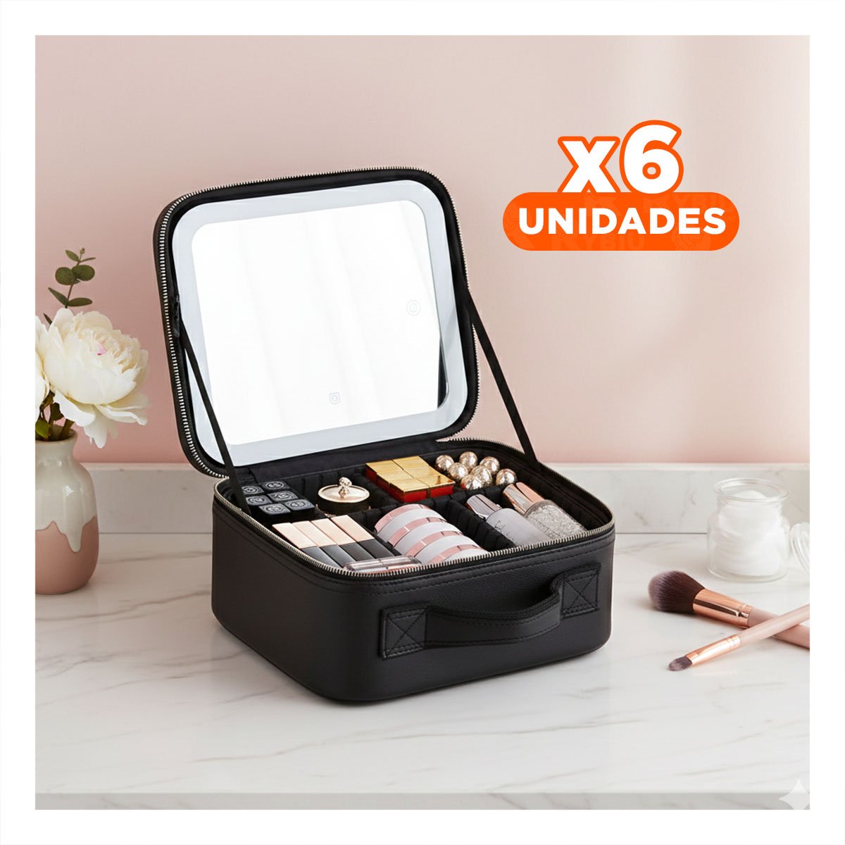 PACK6 MALETA PORTATIL DE MAQUILLAJE CON ESPEJO NEGRO USO DIARIO Y+REGALO STICKER - 1