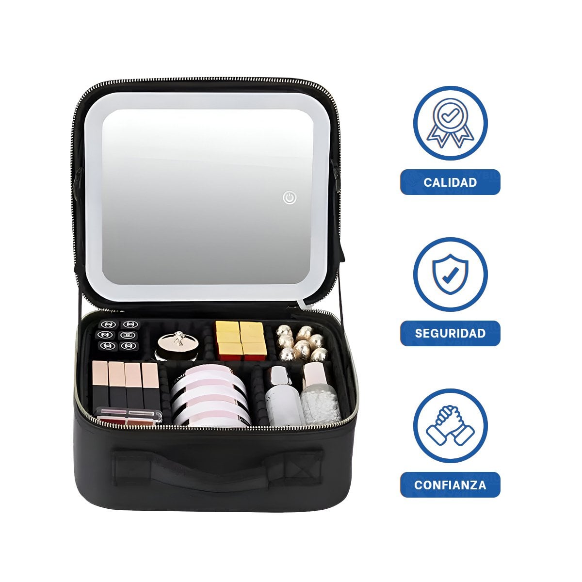 PACK6 MALETA PORTATIL DE MAQUILLAJE CON ESPEJO NEGRO USO DIARIO Y+REGALO STICKER - 2