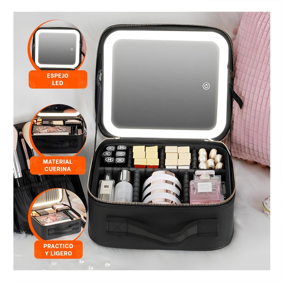 PACK6 MALETA PORTATIL DE MAQUILLAJE CON ESPEJO NEGRO USO DIARIO Y+REGALO STICKER - 3