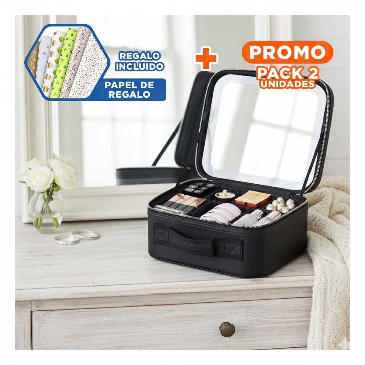 PACK2 BOLSO RIGIDO DE MAQUILLAJE CON ESPEJO NEGRO USO PROFESIONAL Y+PAPEL REGALO - 1