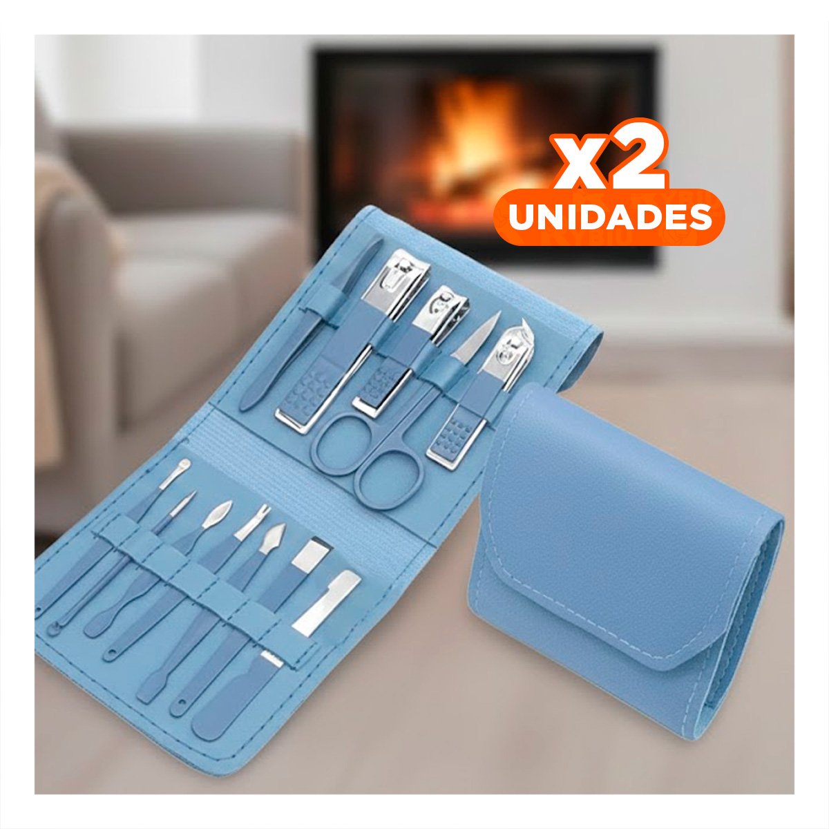 PACK2 ESTUCHE BELLEZA 12 PIEZAS MANICURE Y PEDICURE CELESTE CON PINZAS Y+REGALO STICKER - 1