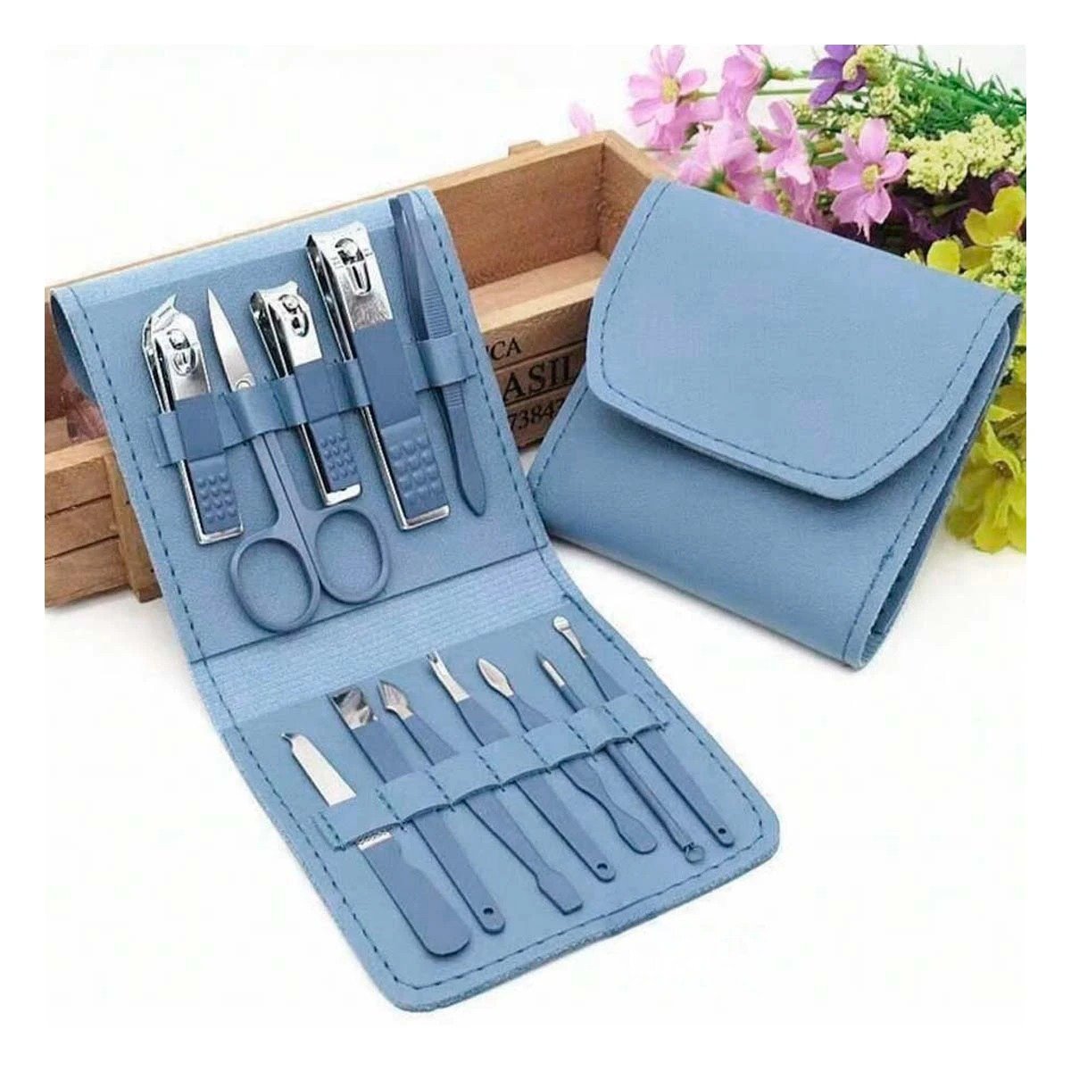 PACK2 ESTUCHE BELLEZA 12 PIEZAS MANICURE Y PEDICURE CELESTE CON PINZAS Y+REGALO STICKER - 3