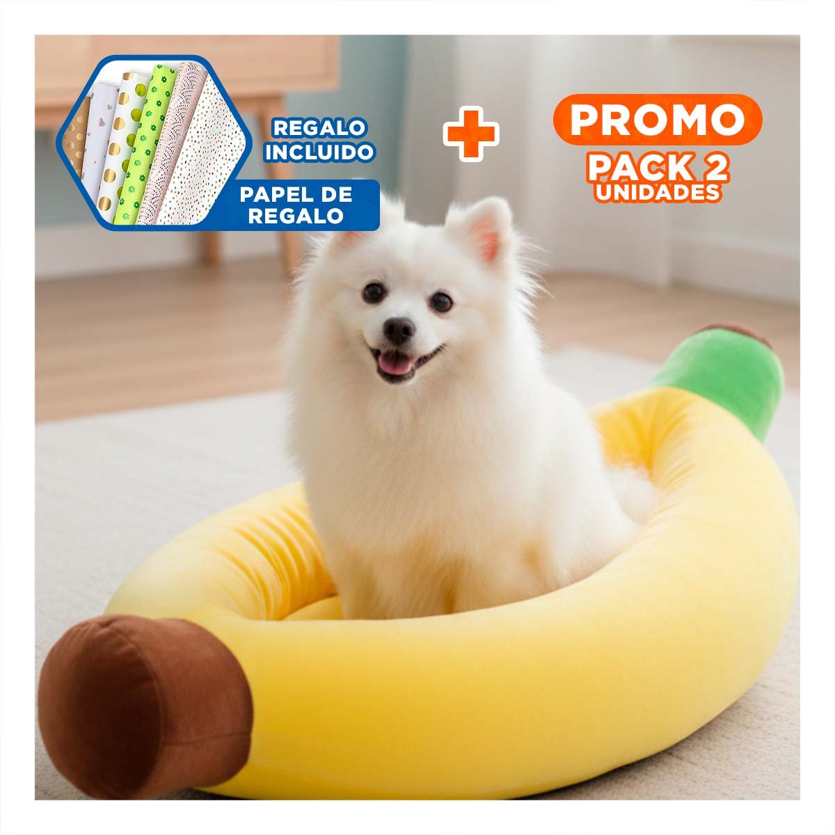 PACK2 DESCANSO TIPO PLATANO PARA MASCOTA TALLA S EN COLOR AMARILLO SUAVE Y+PAPEL REGALO - 1