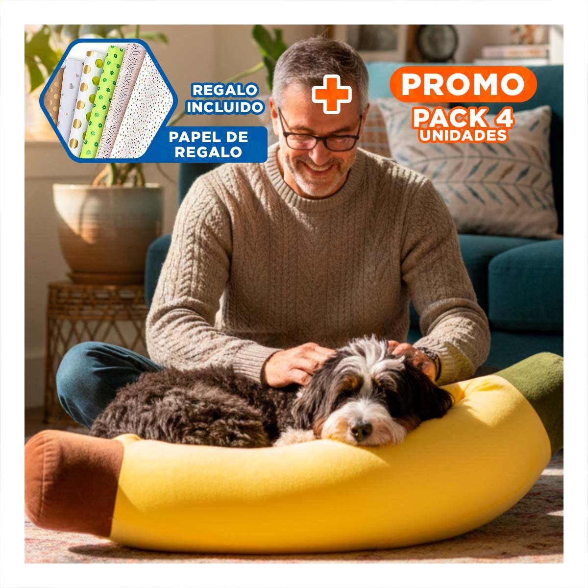 PACK4 DESCANSO MULLIDO INSPIRADO EN PLATANO PARA MASCOTA TALLA L AMARILLO Y+PAPEL REGALO - 1